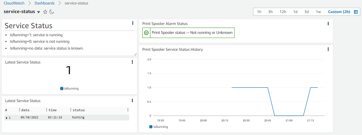 CloudWatch dashboard showing several display options for the service status data. Widgets show textual information, numeric and tabular display of the last status data, a time chart showing the changes in status, and an alarm widget showing the alarm status.