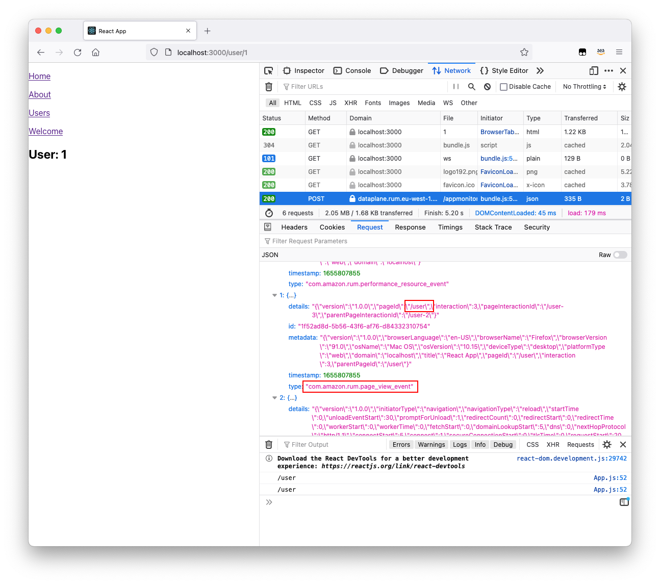 Network section of Developer Tools showing detail sent to RUM dataplane after changes were made