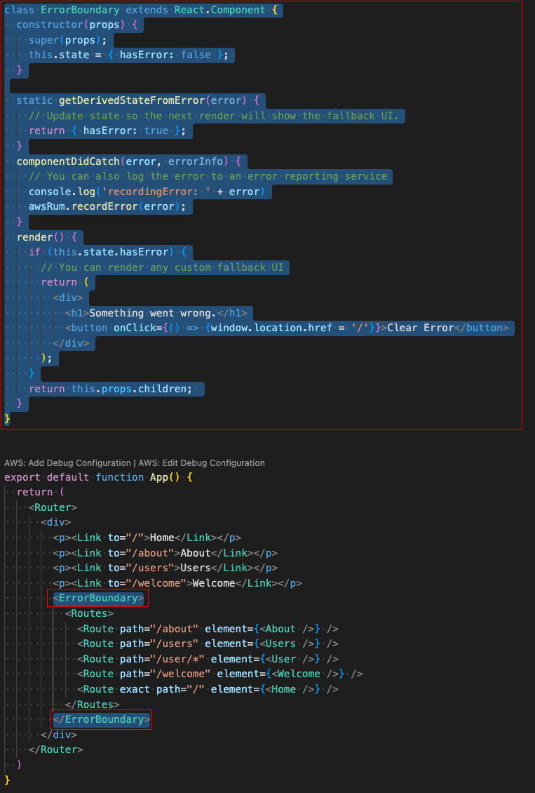 Code snippet highlighting the addition of ErrorBoundary 