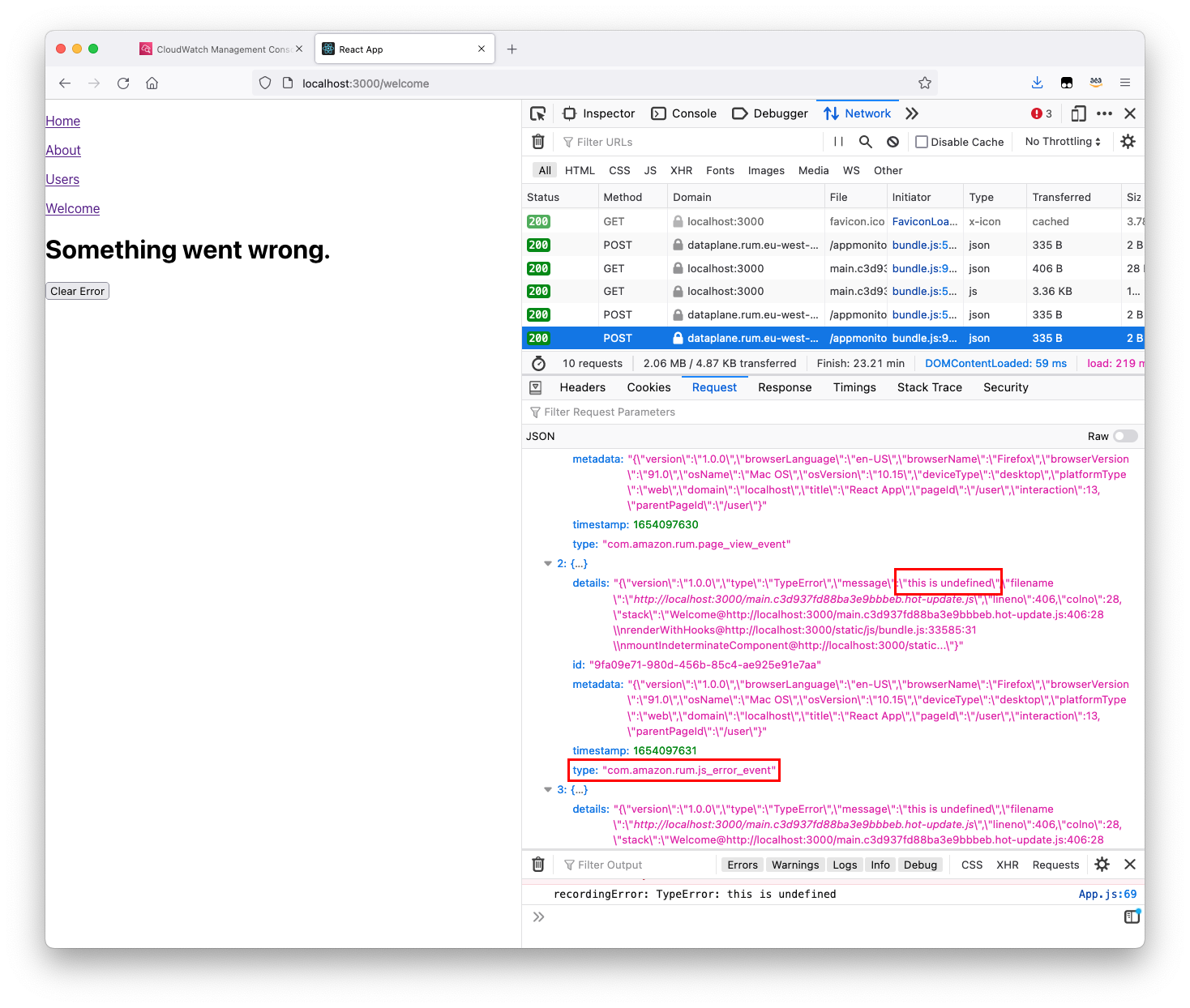 Network section of Developer Tools showing the error page and details sent to RUM.