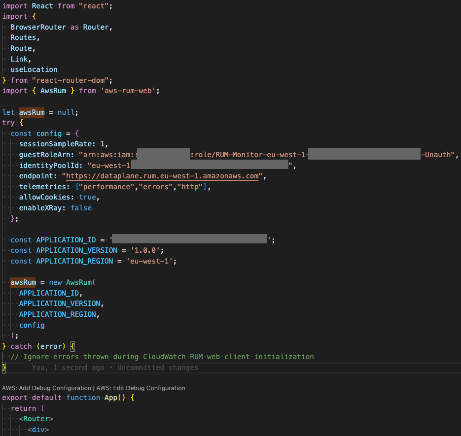 Code snippet showing the contents of the App.js file 