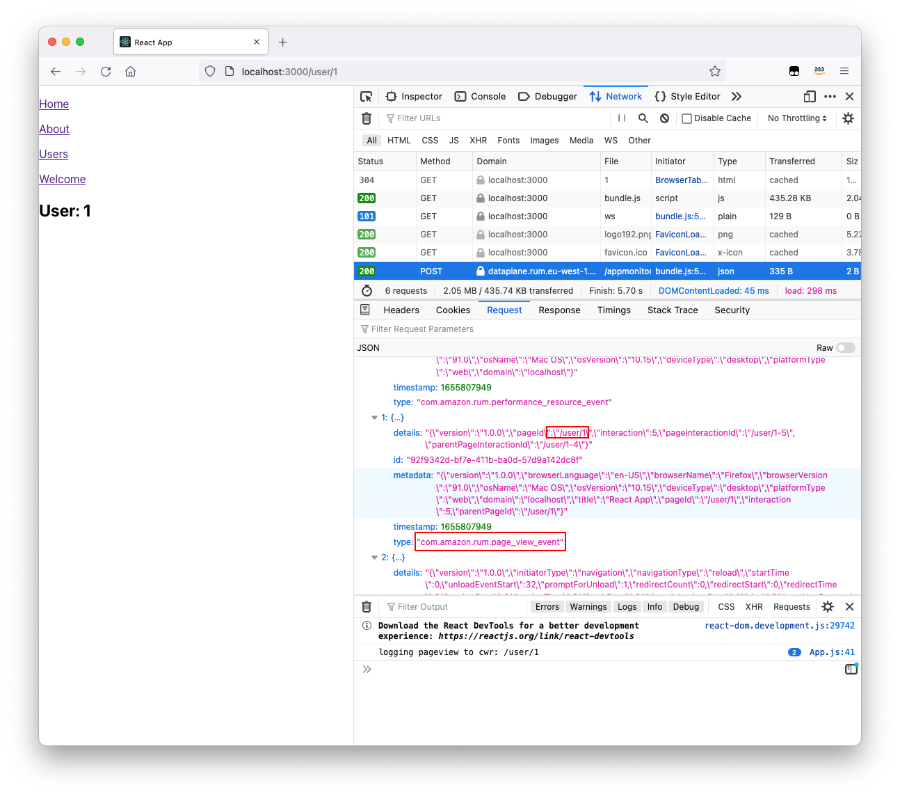 Network section of Developer Tools showing detail sent to RUM dataplane before changes were made