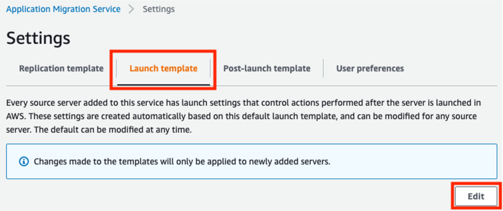 Figure 1: AWS MGN default settings – Launch template tab