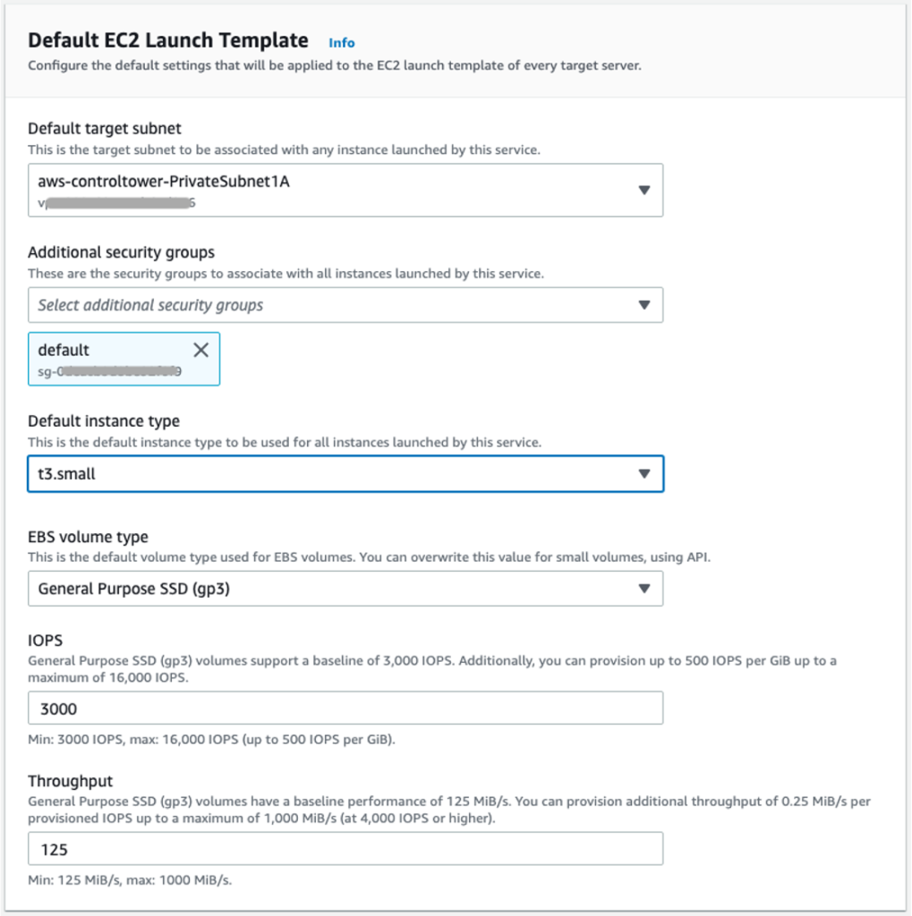 Figure 3: AWS MGN default settings – Default EC2 Launch Templates section