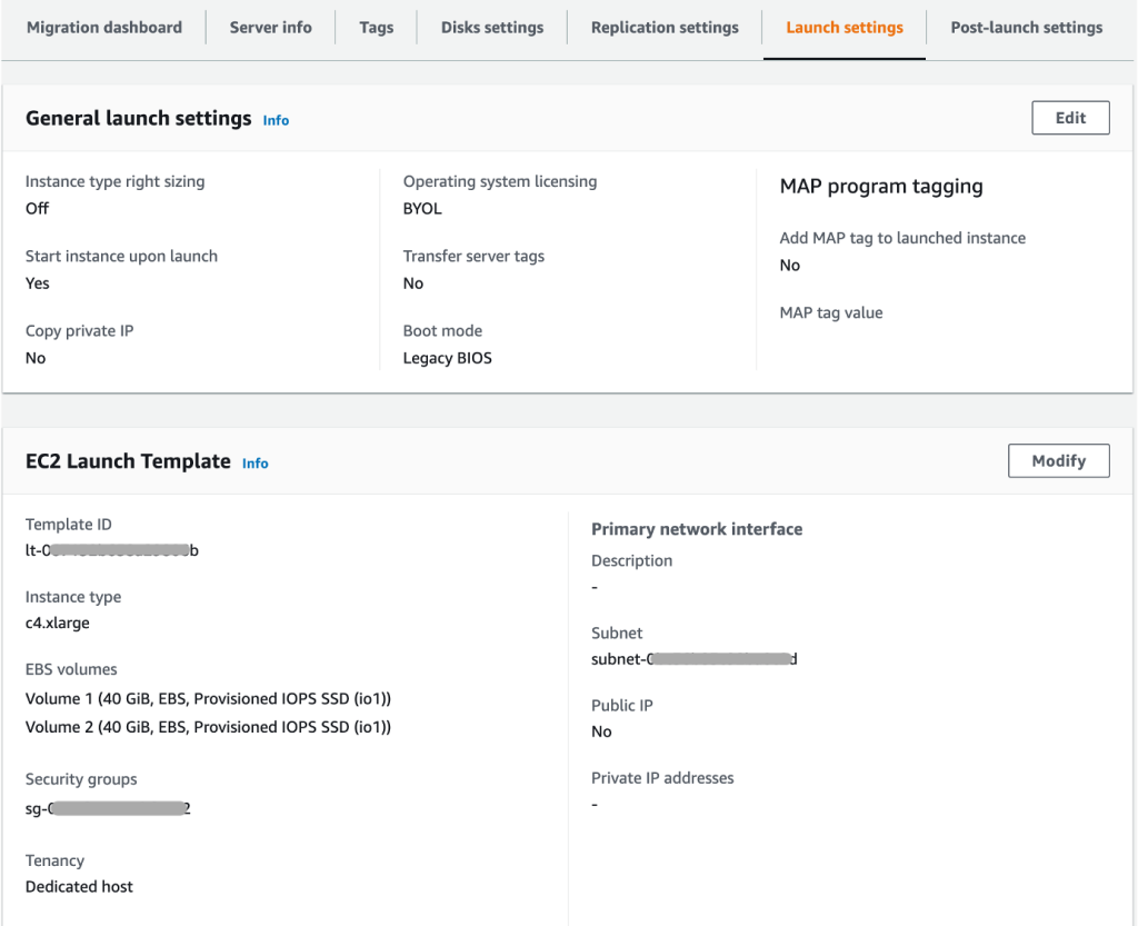 Figure 5: AWS MGN individual source server Launch settings configuration