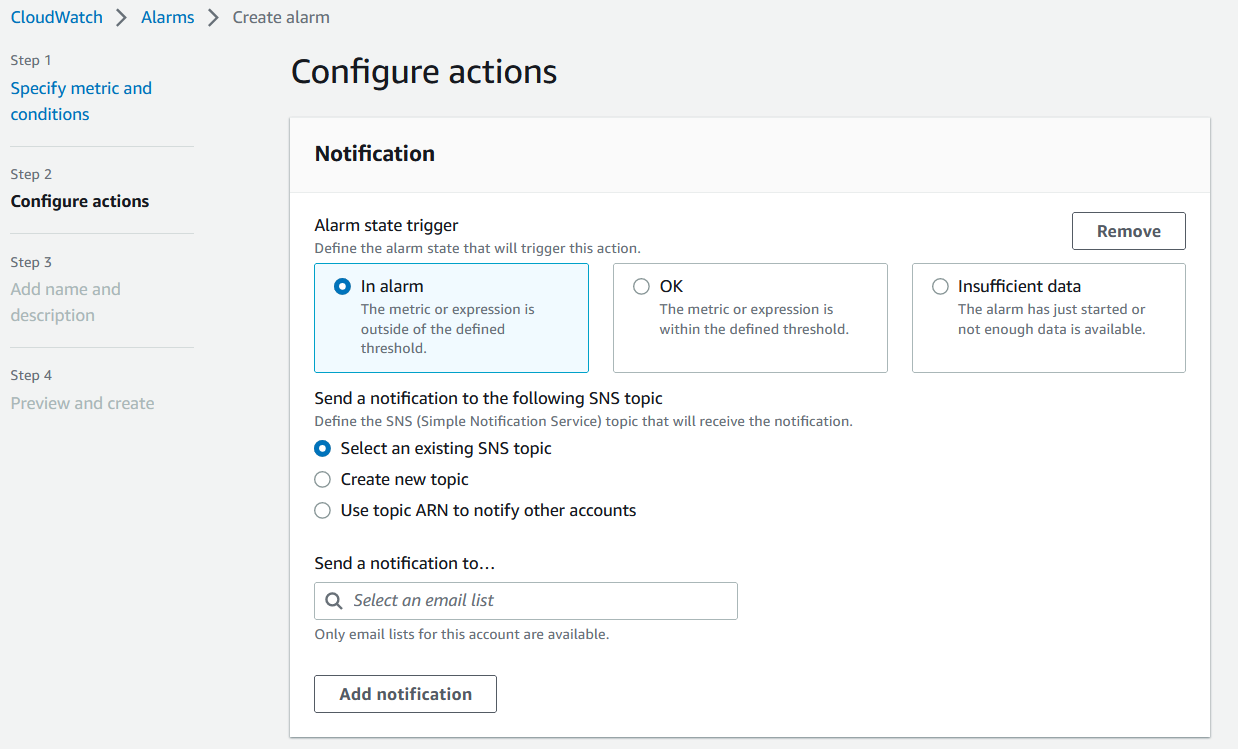 Figure 10. Configure actions for alarm.