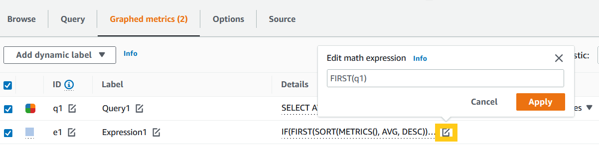 Figure 15. Metric math function to generate single time-series.