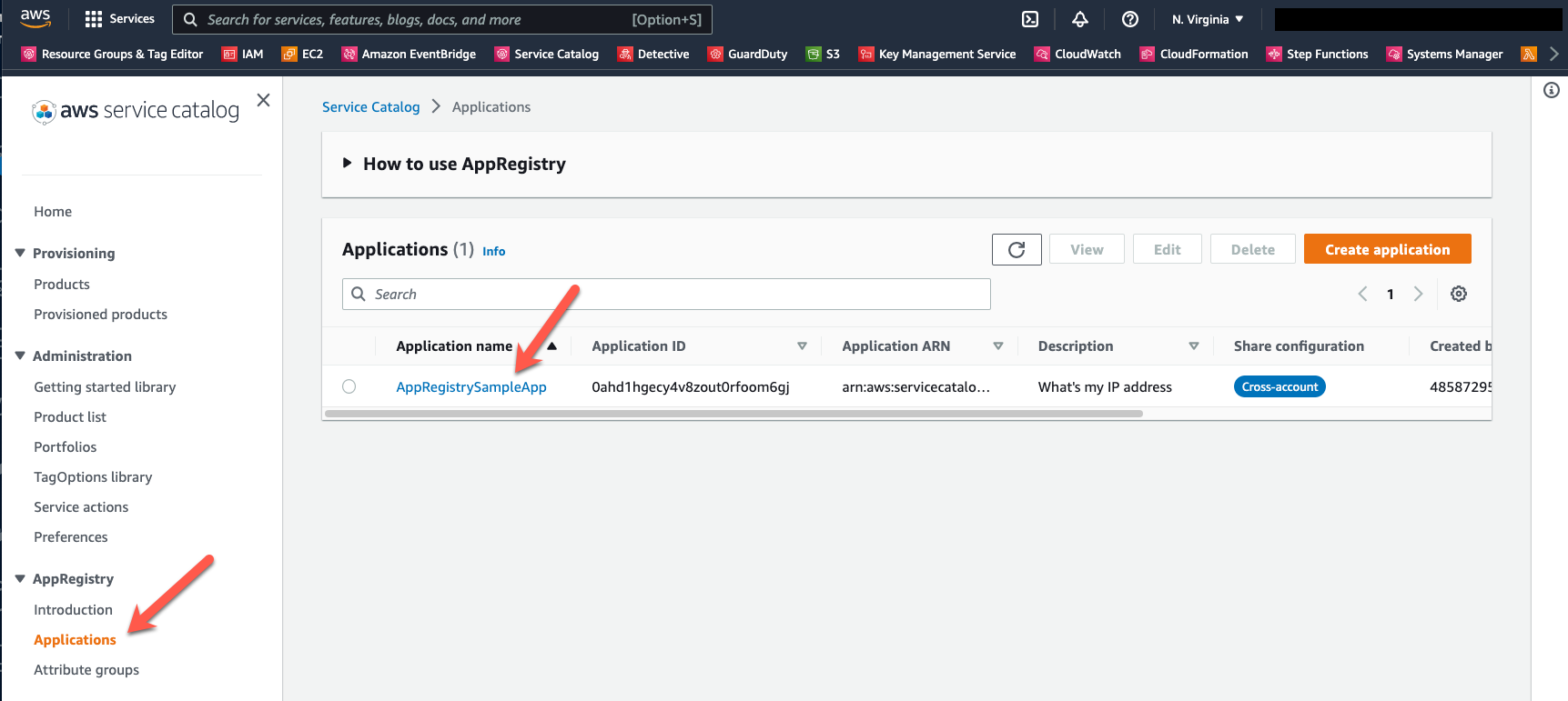 Open the AWS Service Catalog console in the test account In the navigation pane, under AppRegistry, choose Applications. In the applications panel, choose the application named “AppRegistrySampleApp.