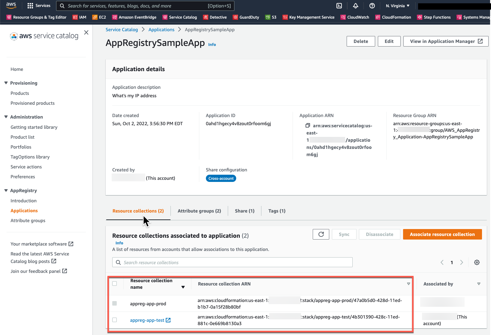 Choose the Resource collections tab of the Application details screen. Examine the CloudFormation stacks associated from two different AWS accounts.