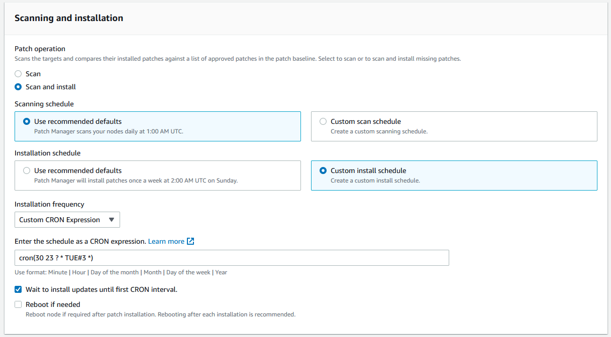 Figure 2: Under the Scanning and installation settings, you can choose to scan only or scan and install missing updates based on recommended scheduling or custom schedules based on CRON expressions.