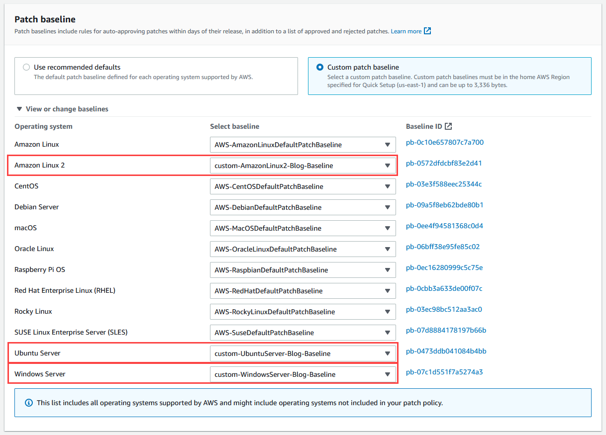 Figure 3: Under the Patch baseline settings, you can choose custom patch baselines created in the same account and Region. These baselines are used during patching operations initiated by the patch policy in the target accounts and Regions.