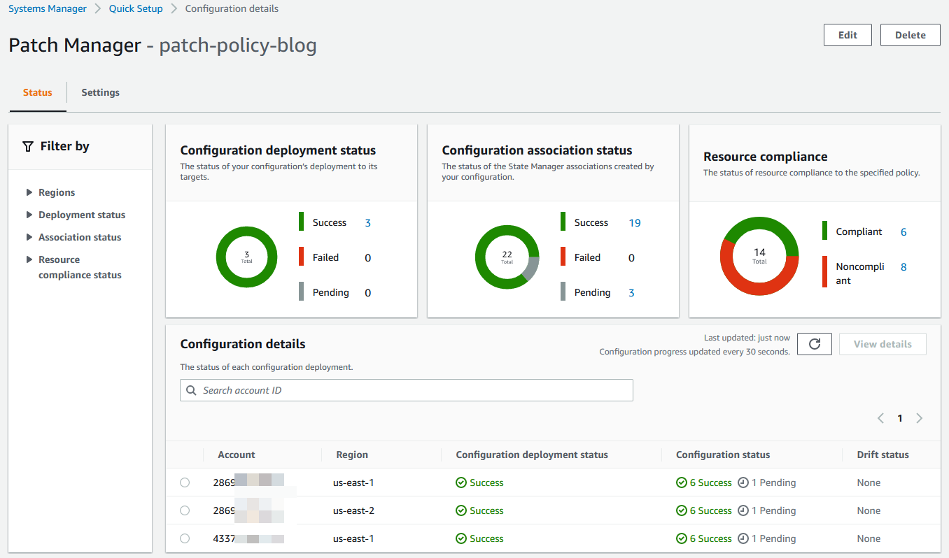 Figure 6: Within the configuration details of the patch policy, you can monitor the deployment status, association status, and resource compliance.