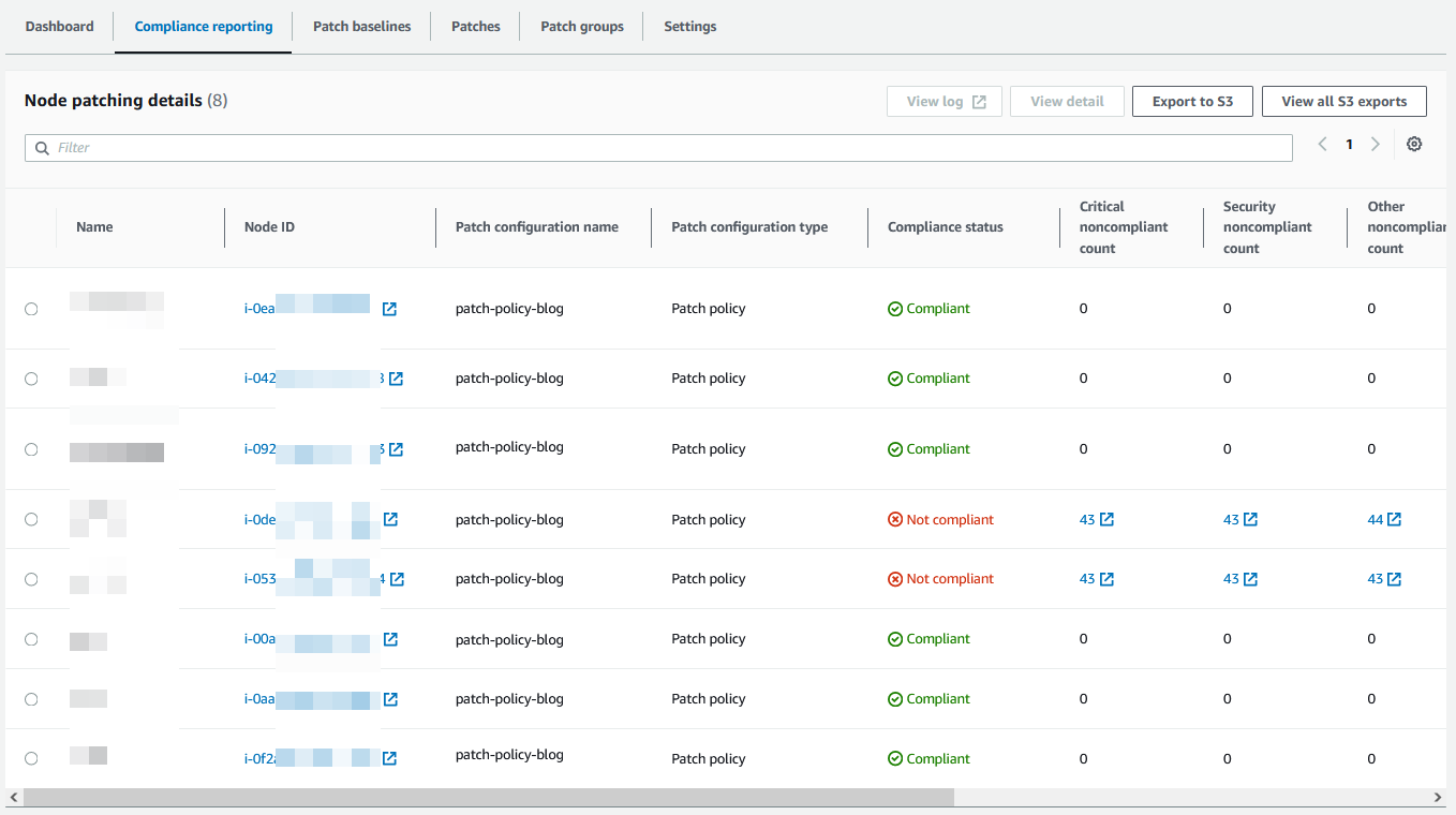 Figure 7: In the Patch Manager console, you can use the Compliance reporting tab to see details for compliance status for your managed nodes.