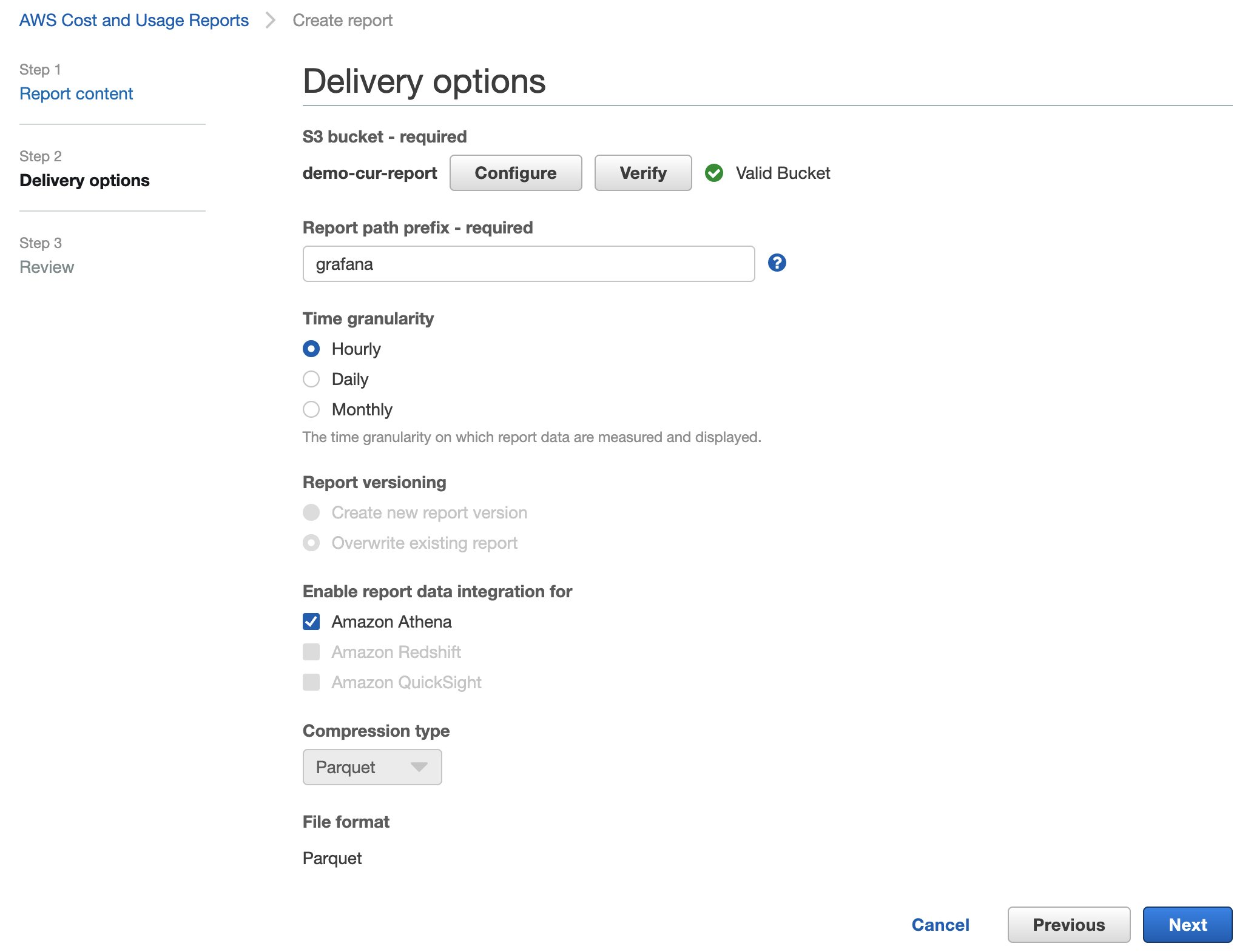 Figure 3. S3 Delivery Options for AWS Cost and Usage Report