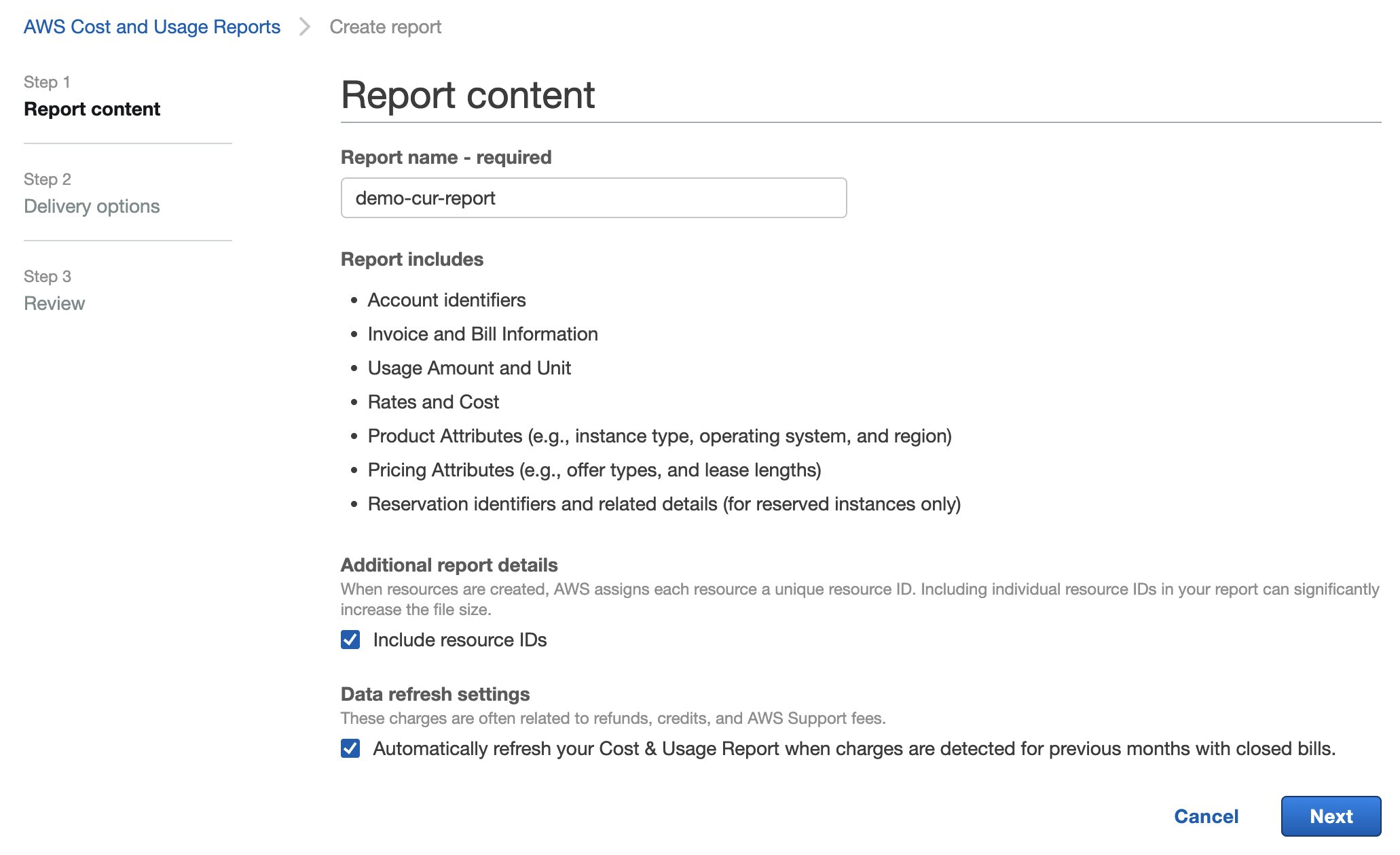 Figure 2. Create AWS Cost and Usage Report