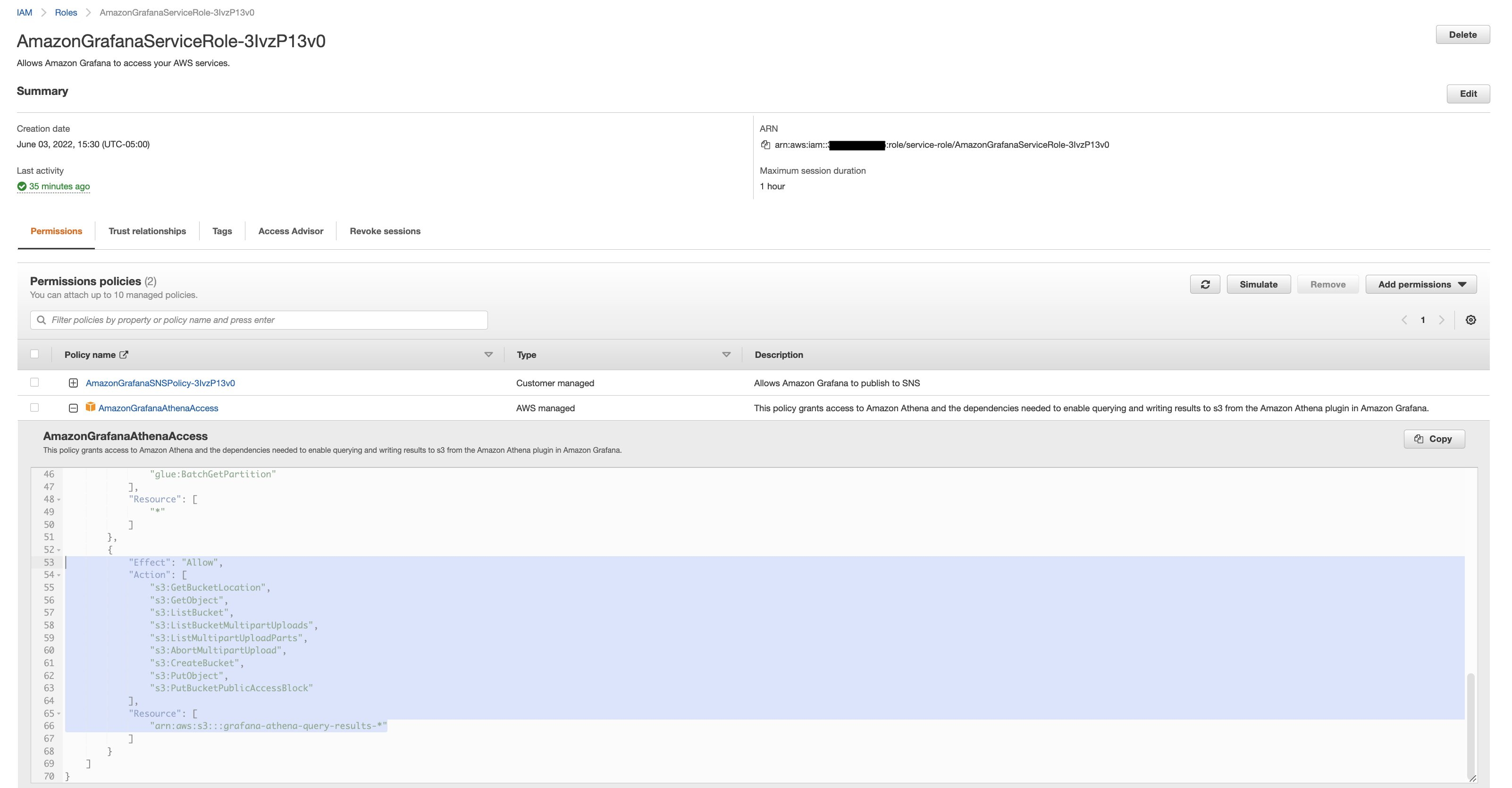 Figure 4. Configure permission for AmazonGrafanaServiceRole