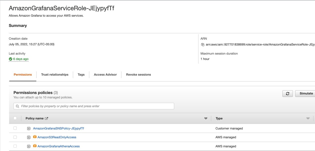 Figure 10. Configure IAM Permissions for Amazon Managed Grafana's Service RoleDashboard in 