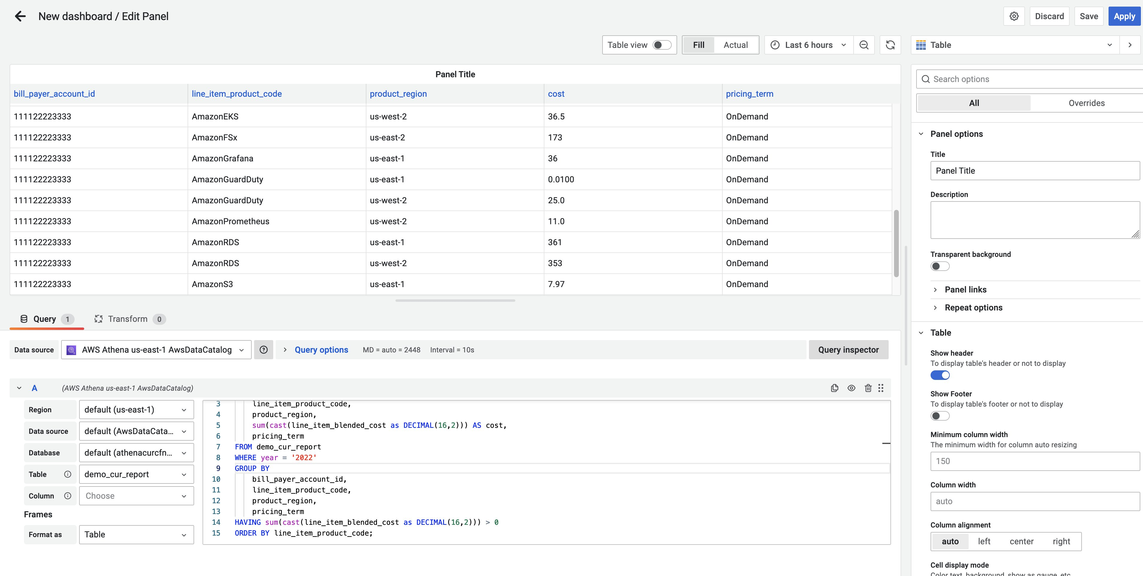 Figure 14. Explore using Custom SQL Query and Athena data source in Amazon Managed Grafana