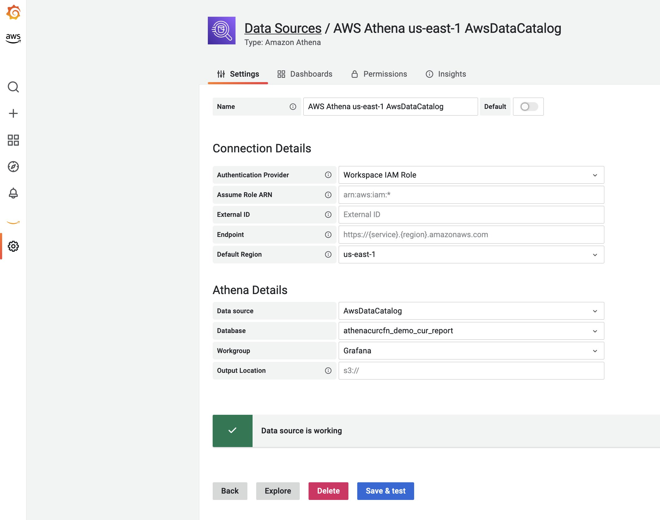 Figure 9. Save and Data Athena Data Source in Amazon Managed Grafana