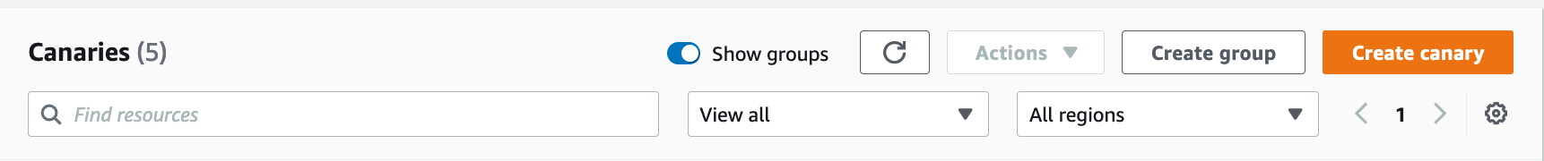 The canaries page in CloudWatch with the Create group button on the right