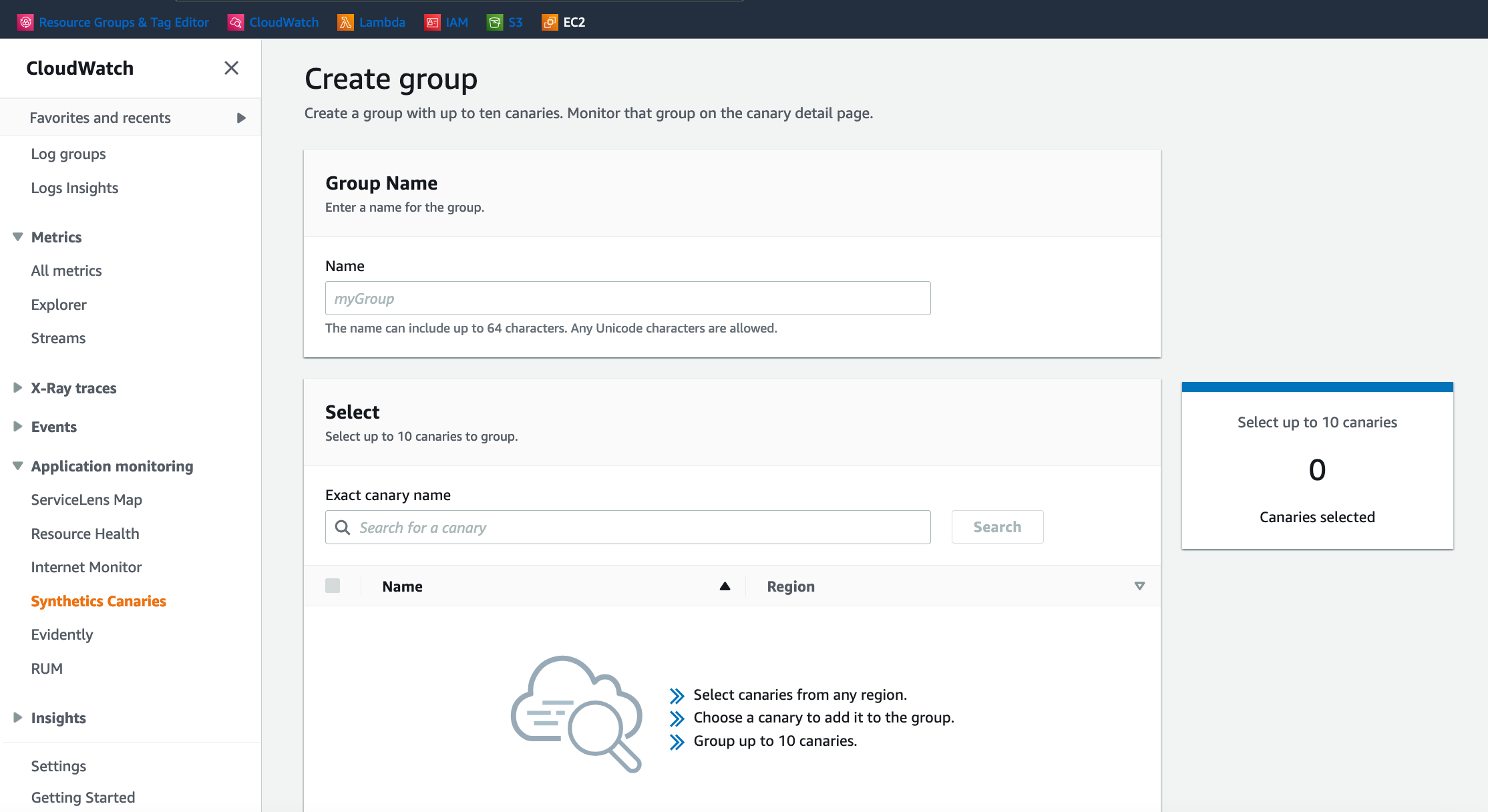 On the page, you can configure the group by providing the group name and searching and selecting the canaries you want to add to the group.