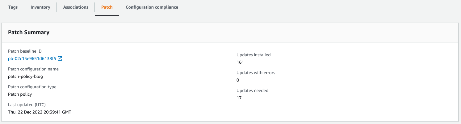 Figure 8: The Patch Summary details for a selected managed node in the Fleet Manager console.