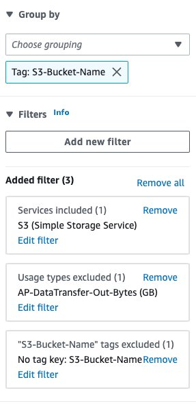 Cost Explorer filters including S3 (simple Storage Service) and excluding AP-DataTransfer-Out-Bytes and No tag key cost:bucketName