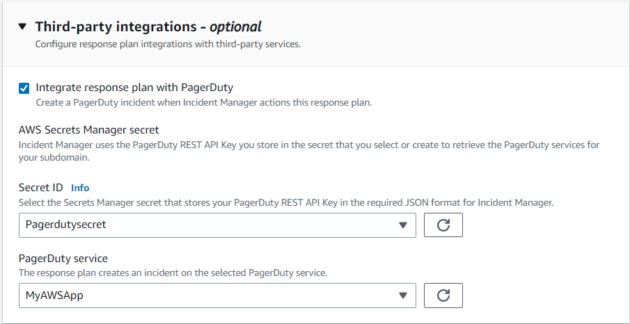 Figure 7: Selecting PagerDuty Service Integration and AWS Secret