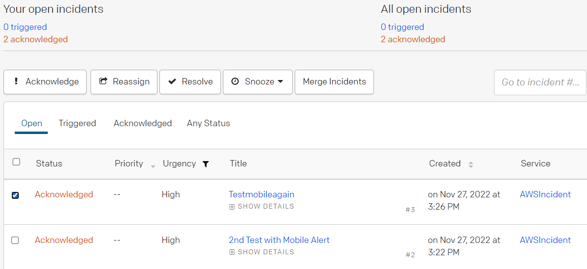 Figure 9. Verify alerts inside PagerDuty Console