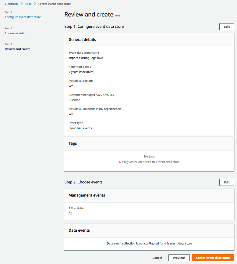 Figure showcasing event data store configuration