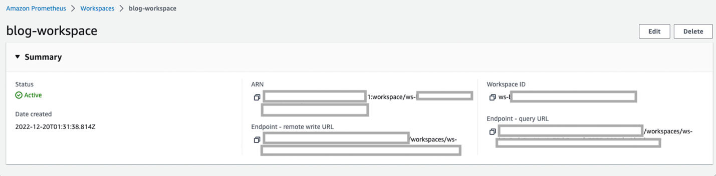 Figure 2. Amazon Managed Prometheus workspace.