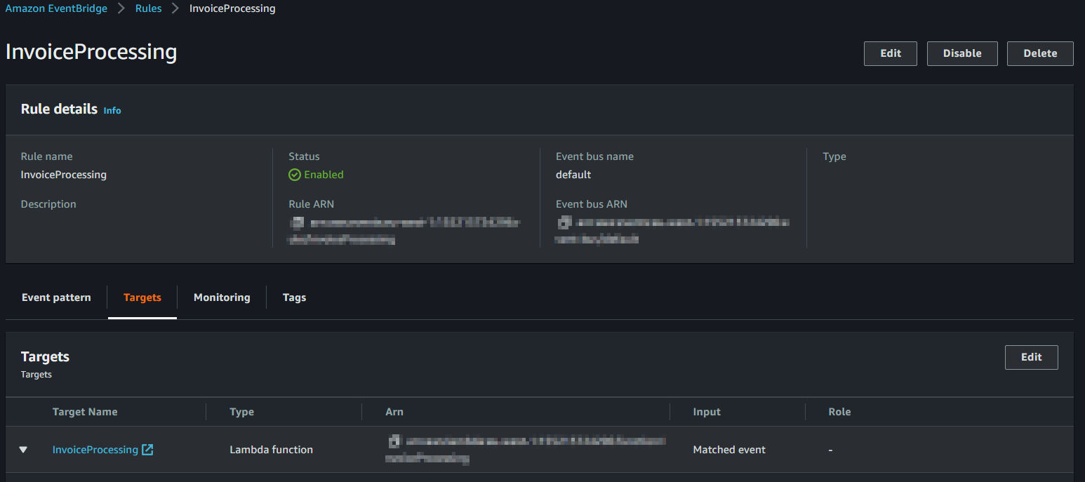 Figure 5. Amazon EventBridge console showing the defined target event “InvoiceProcessing” Lambda function is configured to be triggered in EventBridge rules.