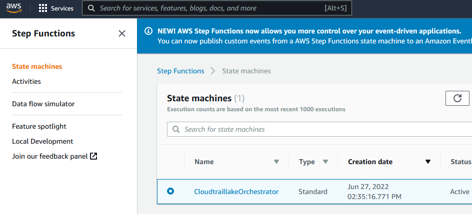 Figure 9. Step Functions console with the newly deployed CloudtraillakeOrchestrator state machine.