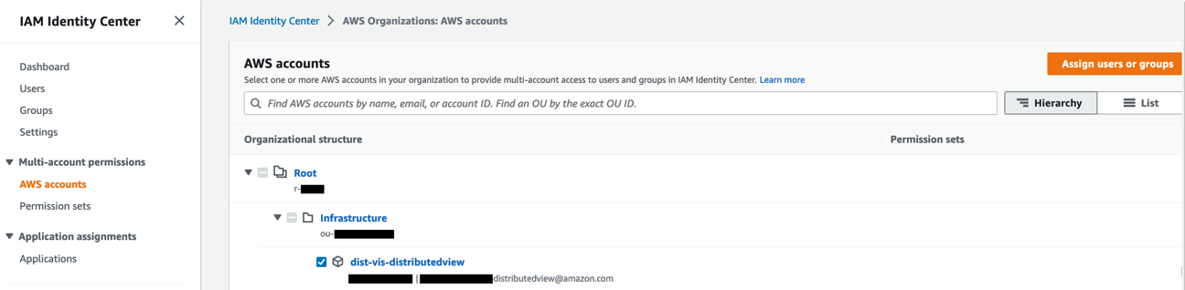 Figure 10. F. Using the permission set from the previous step, provision access to the Shared Viewing account for a BU-1 user within IAM Identity Center. To do this, within IAM Identity Center, select AWS accounts and select the Shared Viewing Account (in the example shown here, this account name is dist-vis-distributedview) and then select Assign users or groups.