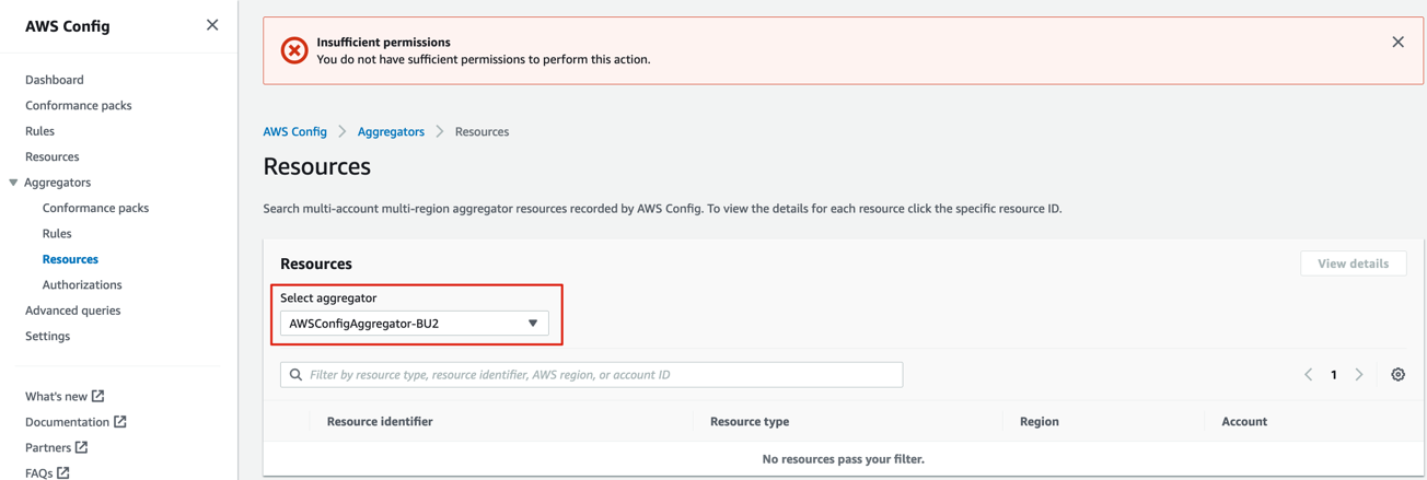 Figure 15. When the BU2 aggregator is selected, an Insufficient permissions error message is displayed.