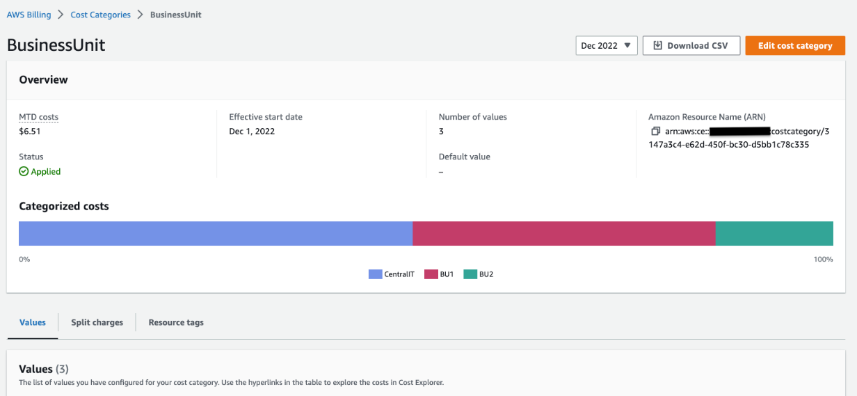 Figure 18. We can obtain information about the percentage of our total costs between Central IT, BU1 and BU2 from within our Cost Categories dashboard.