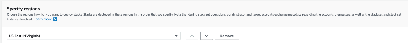 Figure 4. For deployment options of your StackSet, select “US East (N. Virginia)” from the drop-down in the Specify regions section