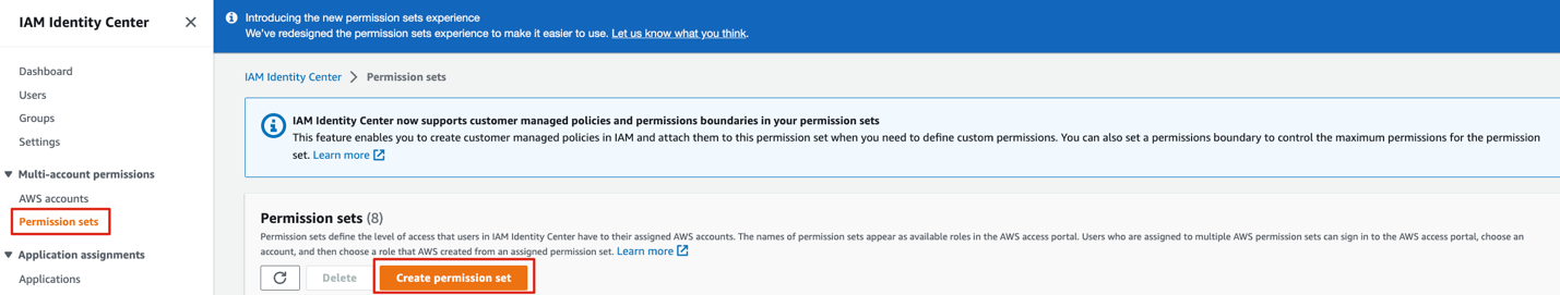 Figure 8. Within IAM Identity Center, under permission sets, Create permission set should be selected.