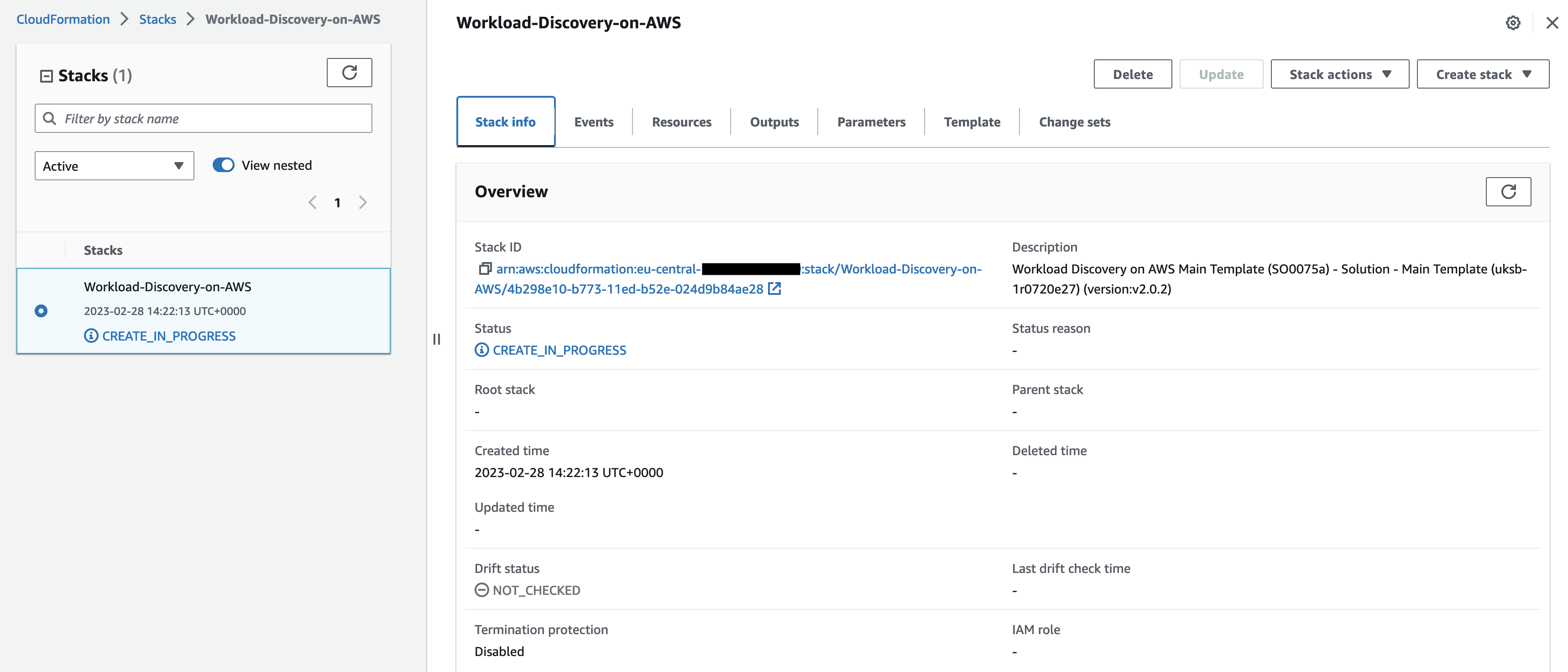 Figure 3. Screenshot of the AWS CloudFormation console showing the Workload Discovery on AWS stack being created.