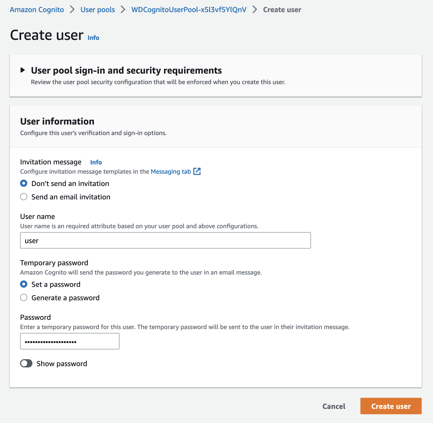 Figure 4. Screenshot of the Amazon Cognito user pool console screen while creating a new user.