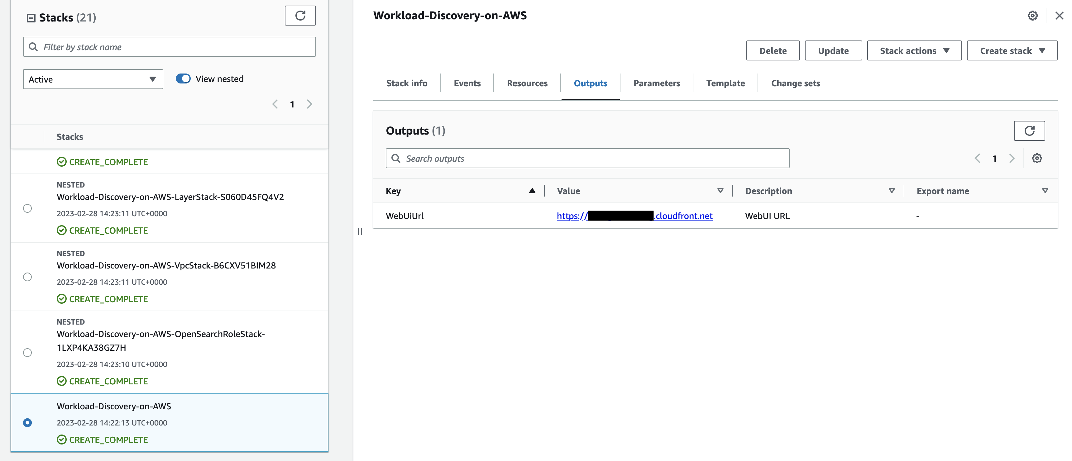 Figure 5. Screenshot of the AWS CloudFormation console showing the Workload Discovery on AWS web URL.