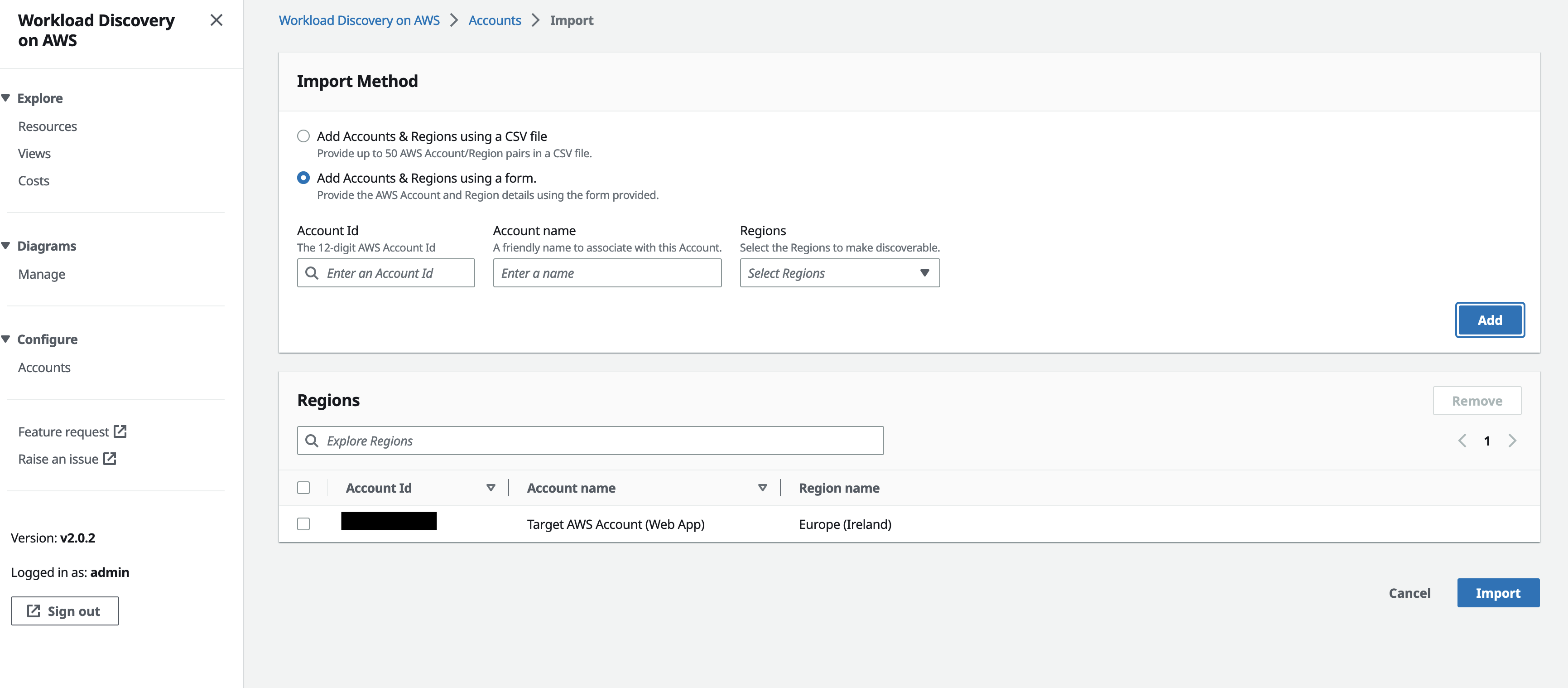 Figure 8. Screenshot of importing accounts and regions in the Regions panel of the Account Import page.