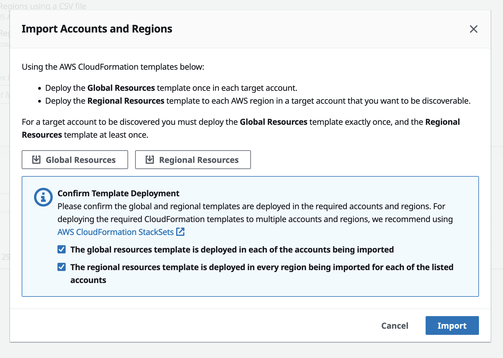 Figure 9. Screenshot of the confirmatory Import Accounts and Regions modal dialog.