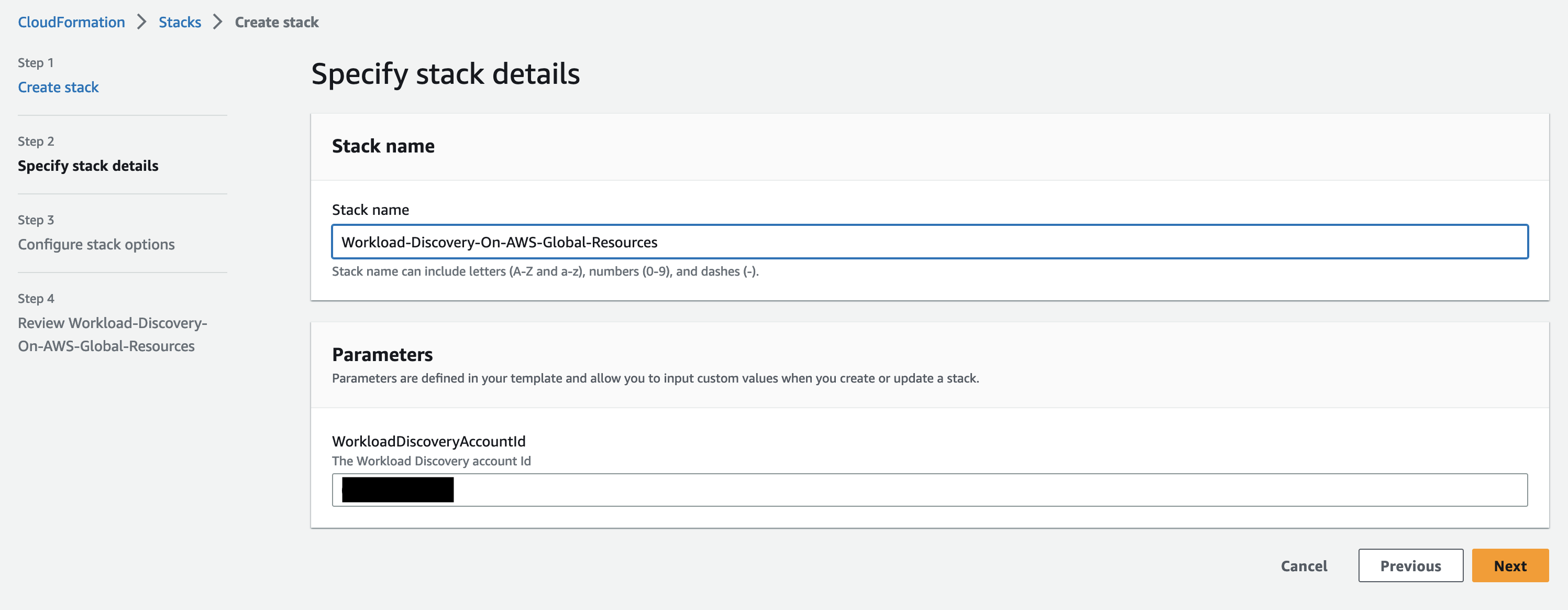 Figure 10. Screenshot of the AWS CloudFormation console in the target account while preparing to create the stack ‘Workload-Discovery-on-AWS-Global-Resources’.