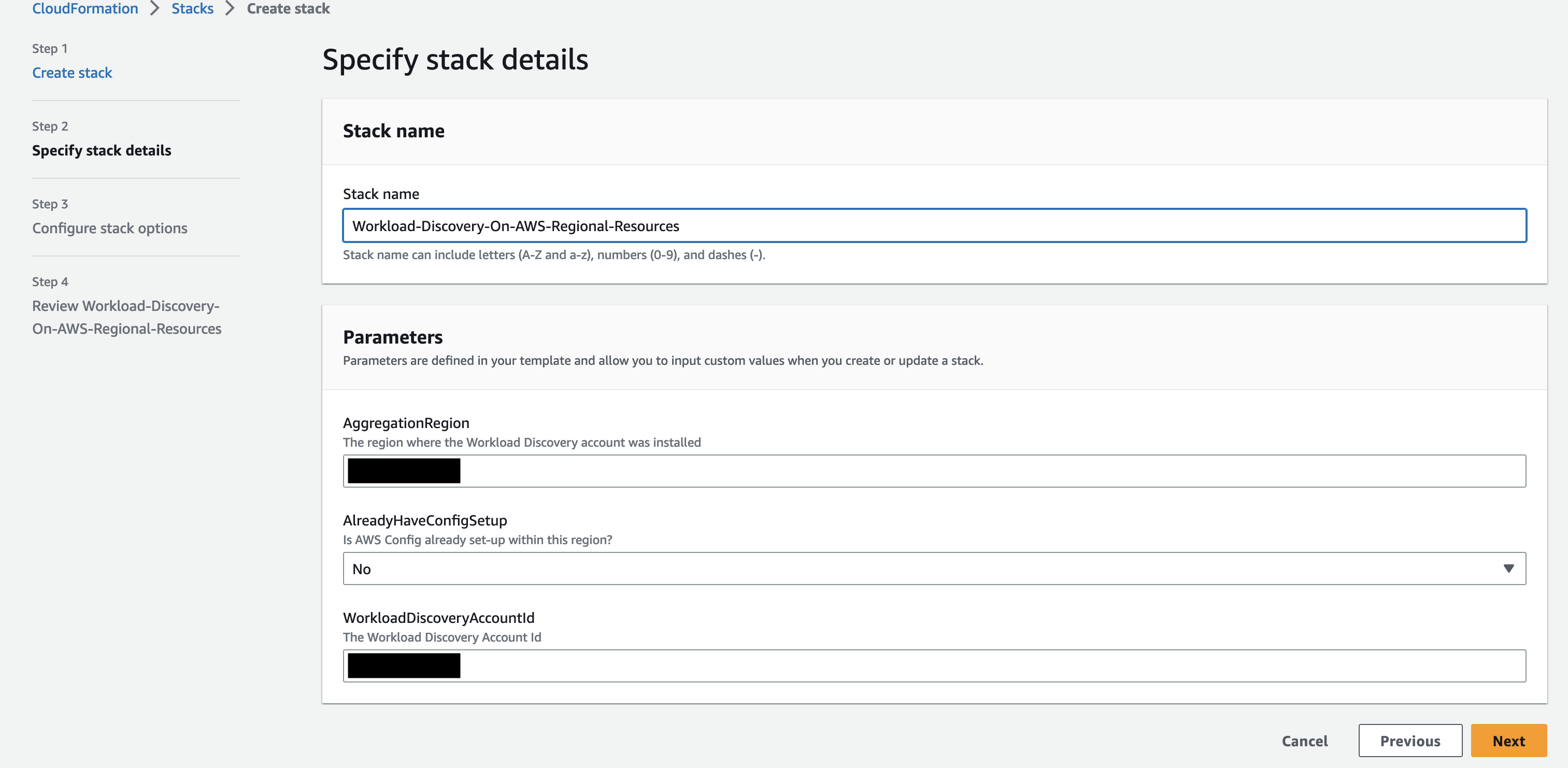 Figure 11. Screenshot of the AWS CloudFormation console in the target account while preparing to create the stack ‘Workload-Discovery-on-AWS-Regional-Resources’.