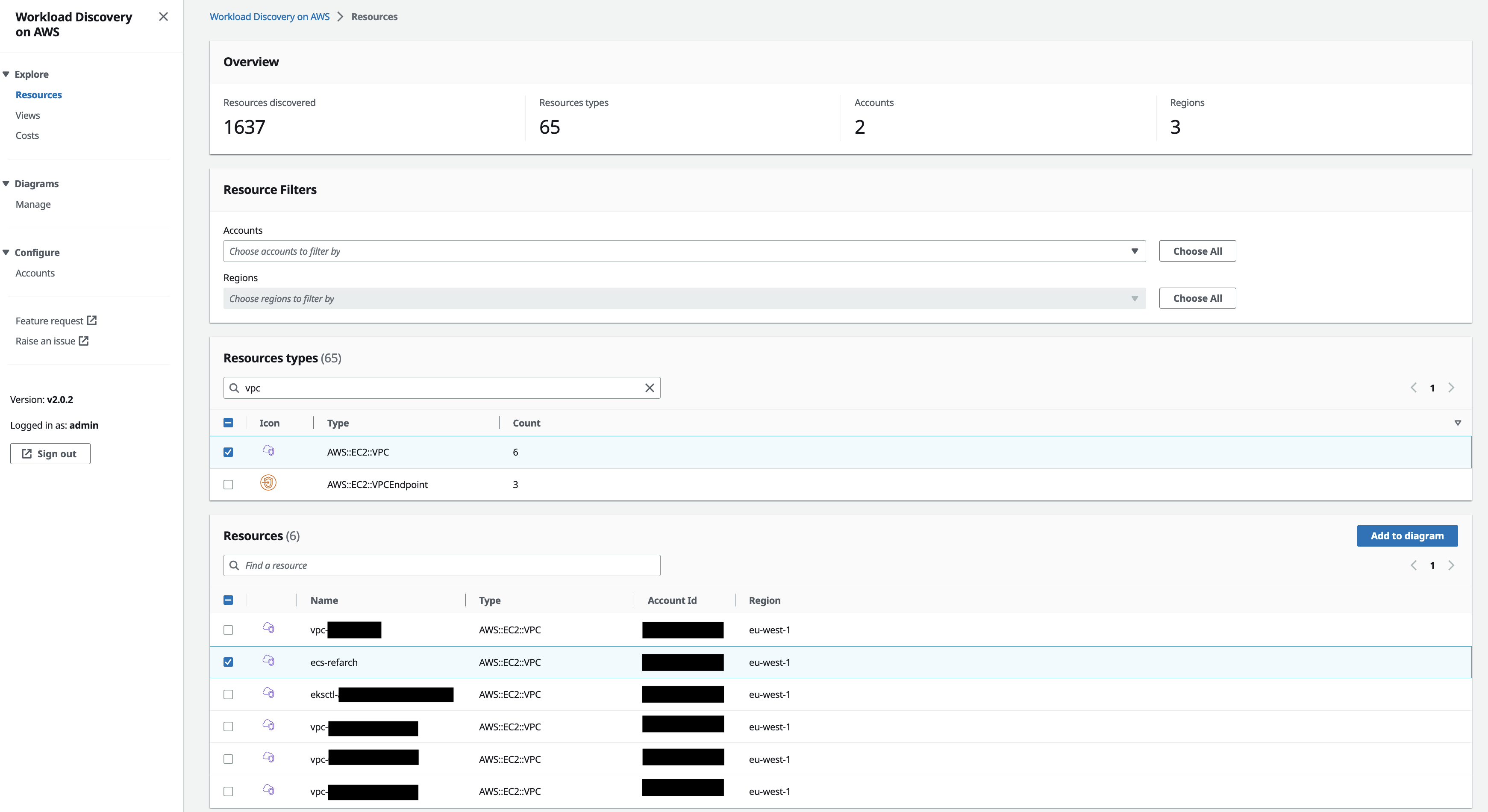 Figure 13. Screenshot of the Workload Discovery on AWS Resources Page displaying VPC resources with one of the VPCs selected.