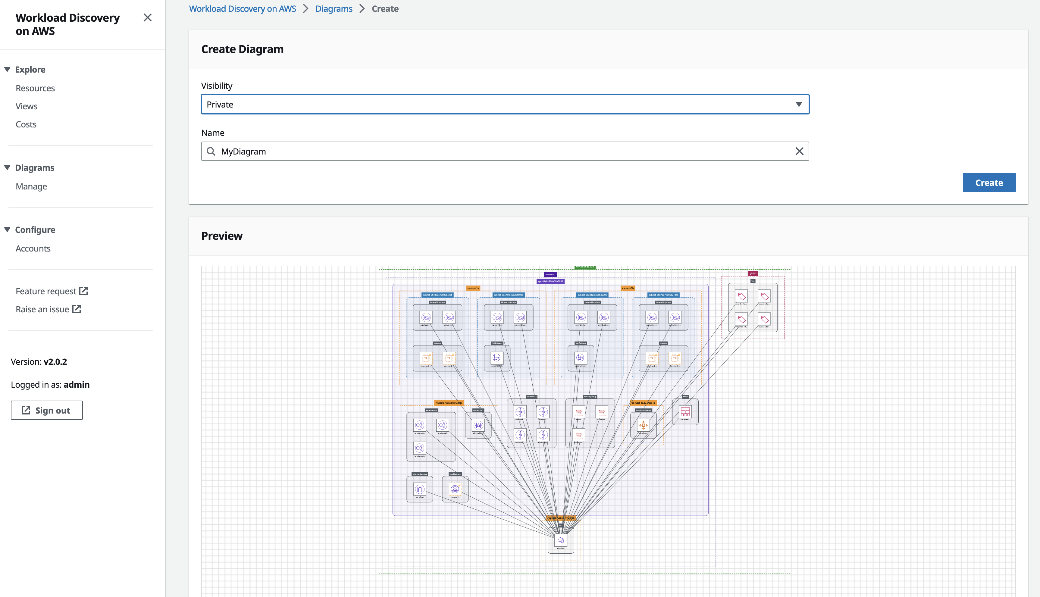 Figure 14. Screenshot of the Workload Discovery on AWS Create Diagram page with a preview showing a VPC and its related resources.