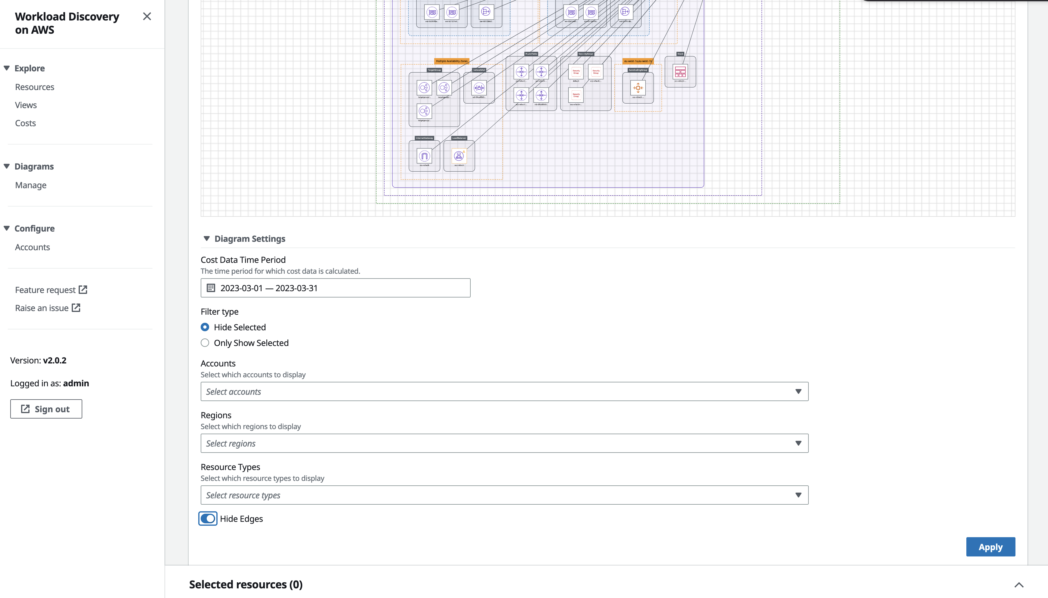 Figure 16. Screenshot of the Workload Discovery on AWS Diagram Settings panel with the Hide Edges toggle button set to enabled.