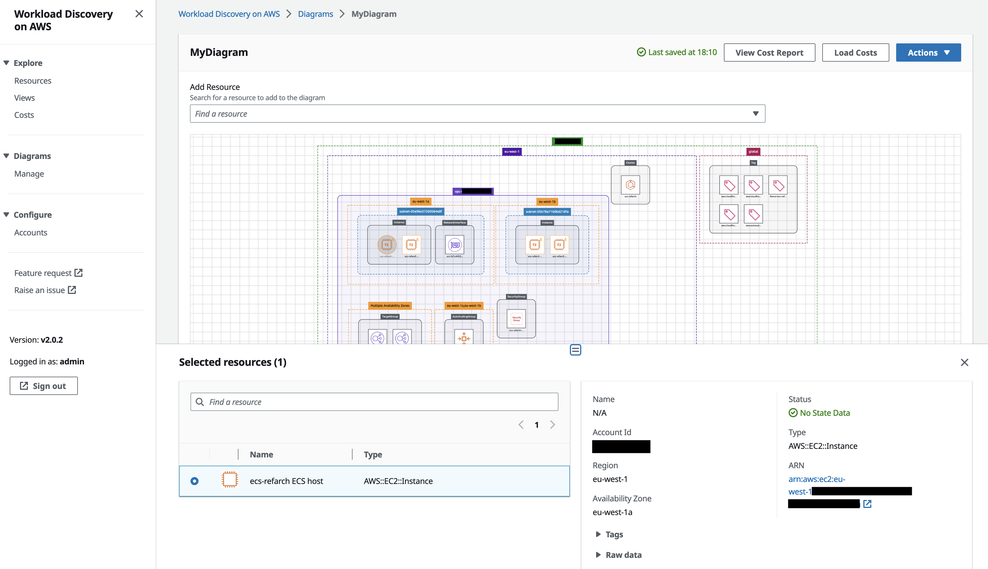 Figure 22. Screenshot of the Workload Discovery on AWS Selected Resources panel showing the details of the selected resource, including the Account ID, Region, Availability Zone (AZ), Status, ARN, and Tags.