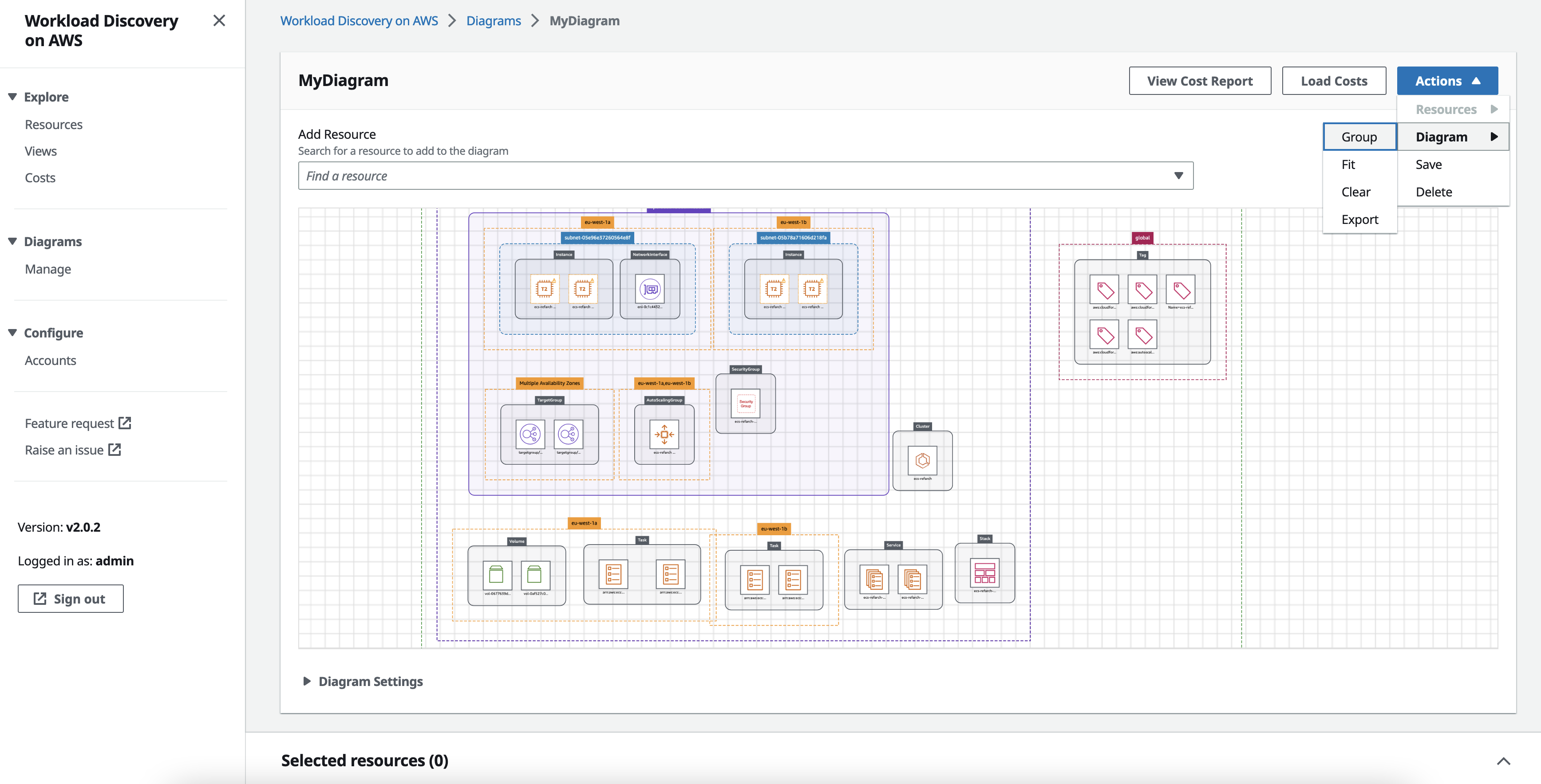 Figure 23. Screenshot of the Workload Discovery on AWS diagram canvas showing the Action, Diagram menu.